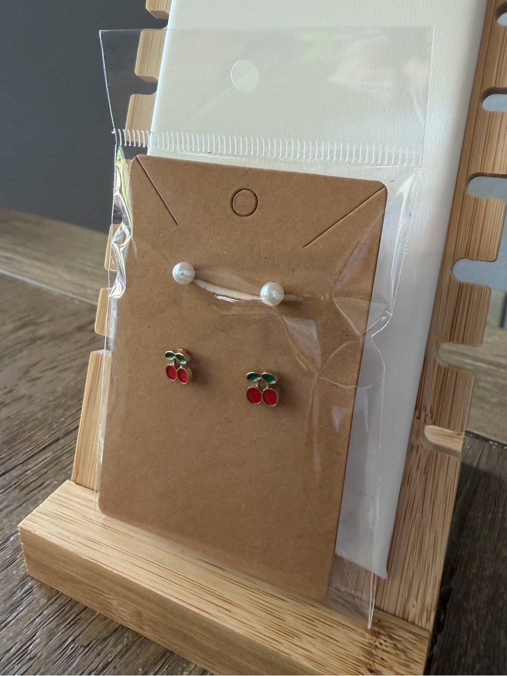 Cherry & Faux Pearl Stud Earring Set, New! - Picture 4 of 4